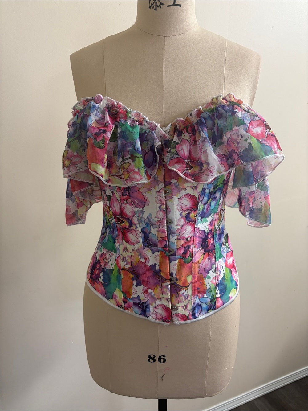 Vintage Floral Off-Shoulder Ruffled Corset Top - Multicolor